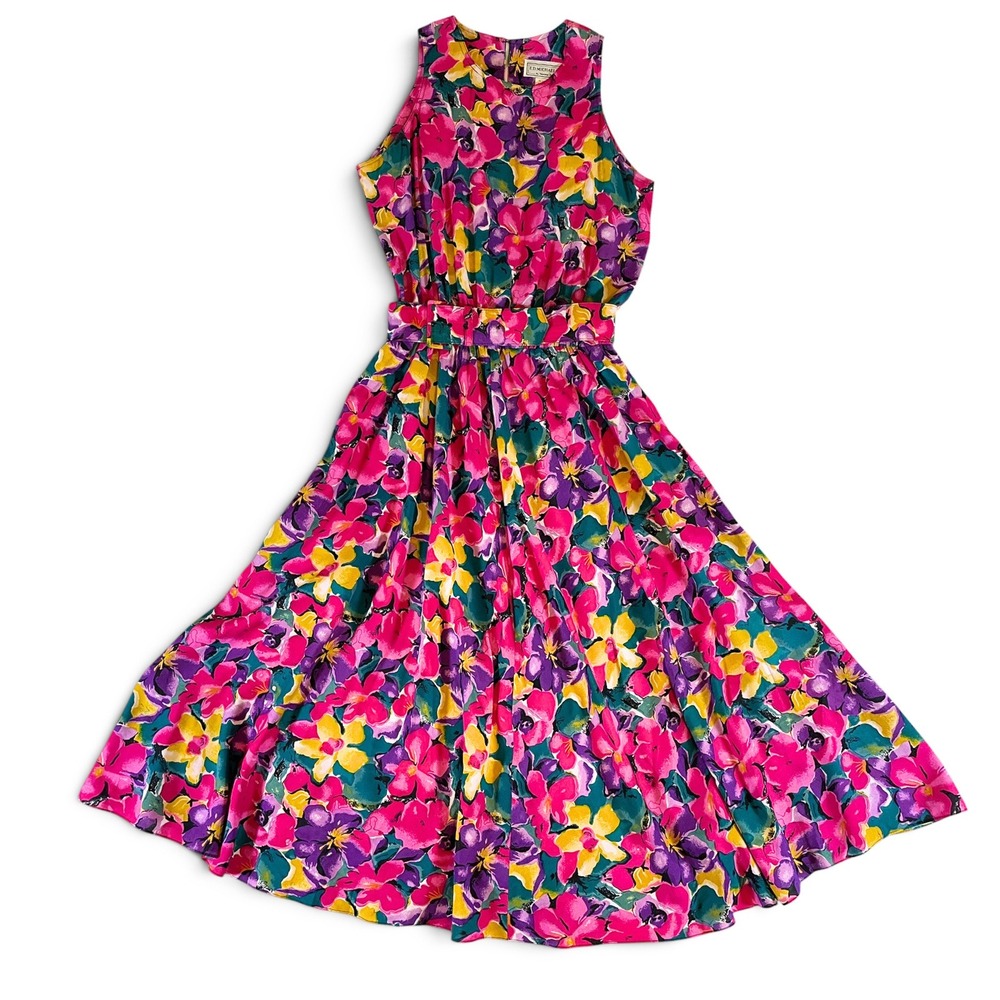Vintage E.D. Michaels Rayon Floral Maxi Dress Womens 13/14 Belted Pockets 90s